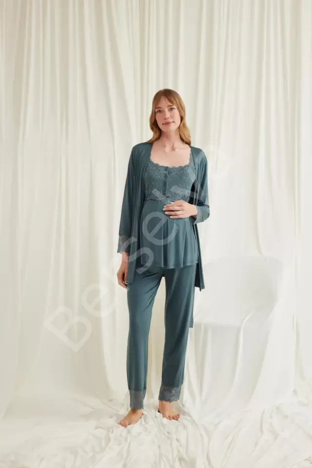 Dantelli Önü Düğmeli Hamile Lohusa 3'lü Viskon Pijama Takımı