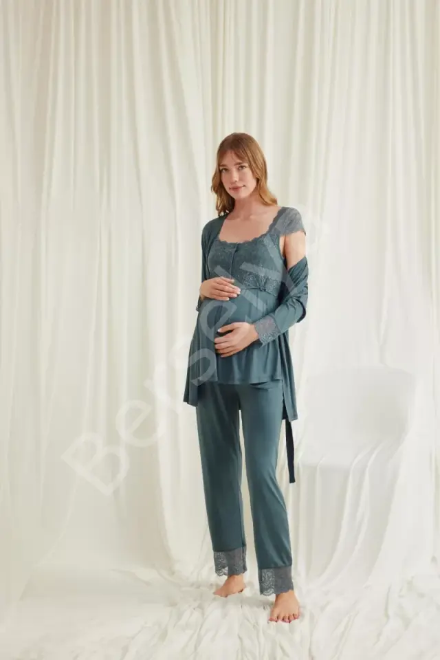 Dantelli Önü Düğmeli Hamile Lohusa 3'lü Viskon Pijama Takımı