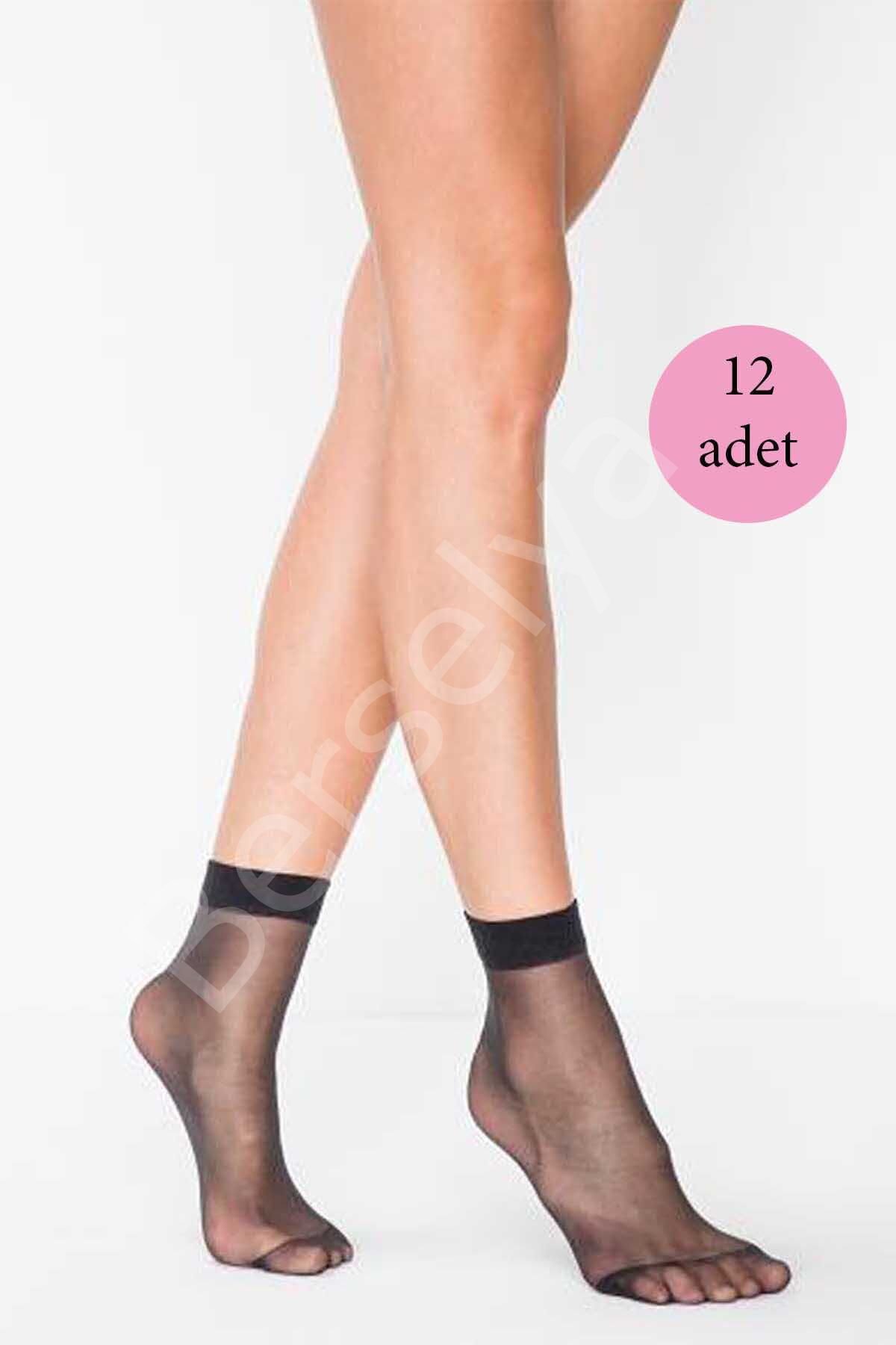 12 Adet Fit 15 Soket Ince Parlak Kısa Çorap Siyah Standart