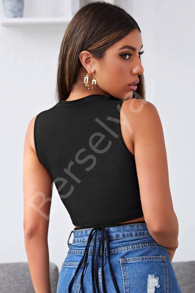 Kadın Siyah Çapraz Bağlamalı Crop Top Büstiyer