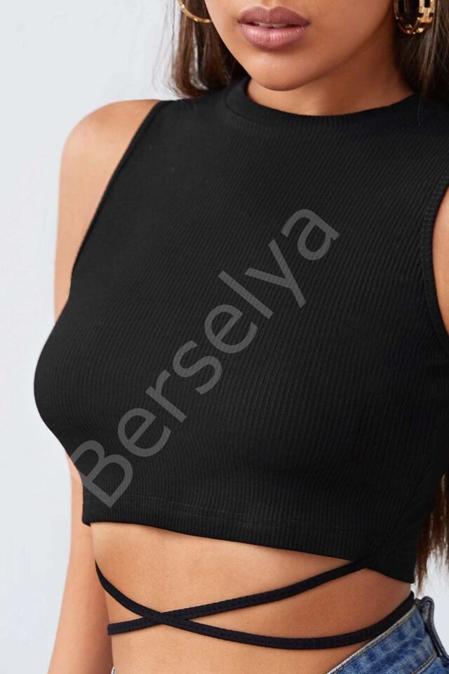 Kadın Siyah Çapraz Bağlamalı Crop Top Büstiyer