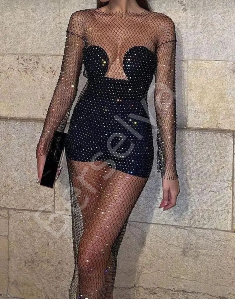 Kadın Siyah Kristal Taşlı File Elbise – Plaj Ve Gece Şıklığı İçin