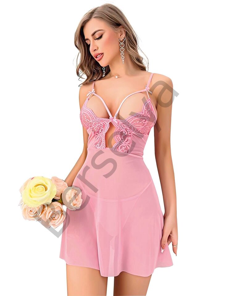 Pembe Dantel İşlemeli Göğüs İp Detaylı Fantezi Tül Gecelik Takımı