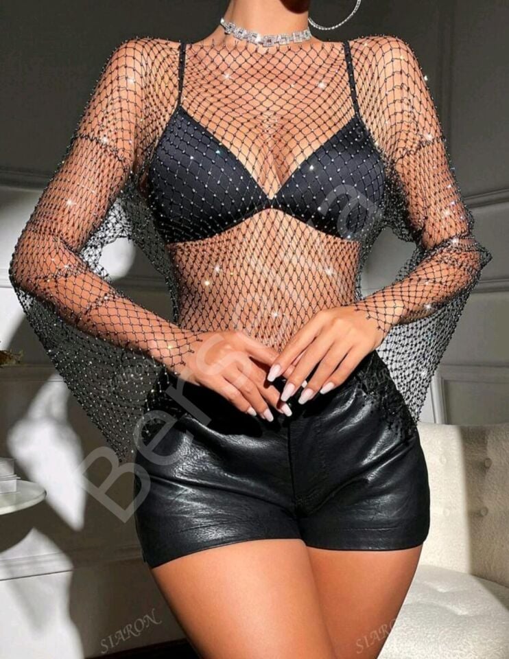 Kadın Siyah Kristal Taşlı File Crop