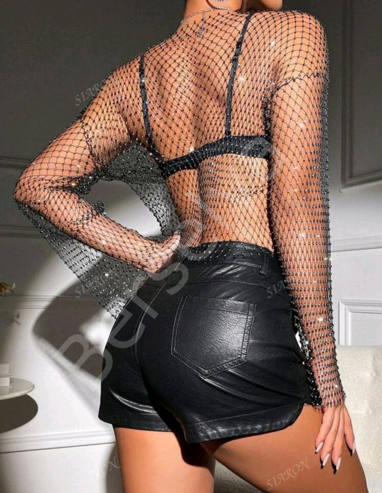 Kadın Siyah Kristal Taşlı File Crop