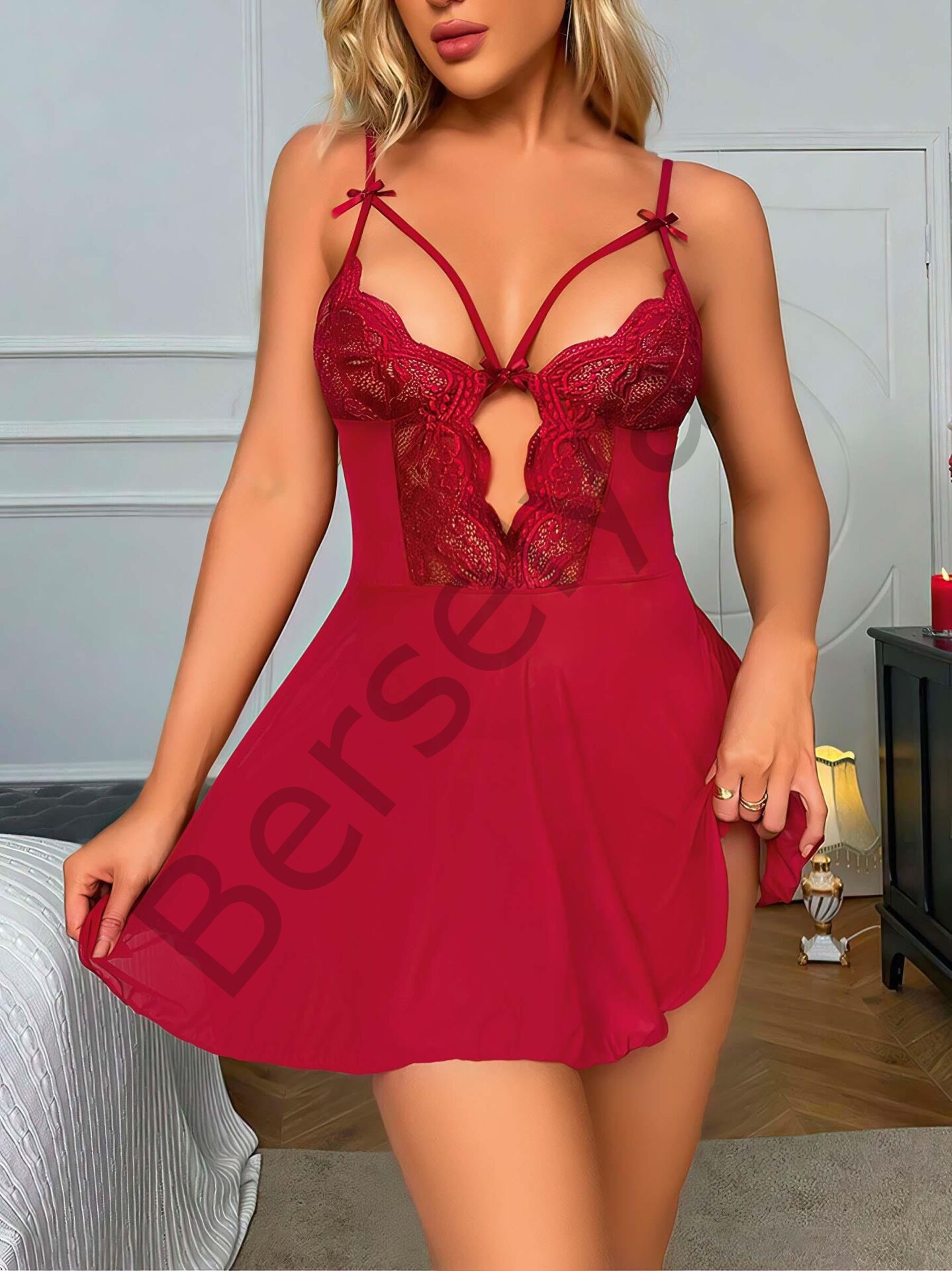 Bordo Dantel İşlemeli Göğüs İp Detaylı Fantezi Tül Gecelik Takımı