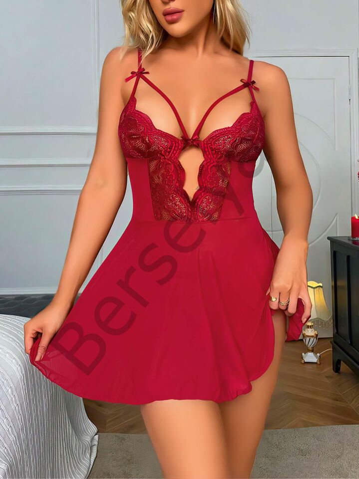 Bordo Dantel İşlemeli Göğüs İp Detaylı Fantezi Tül Gecelik Takımı