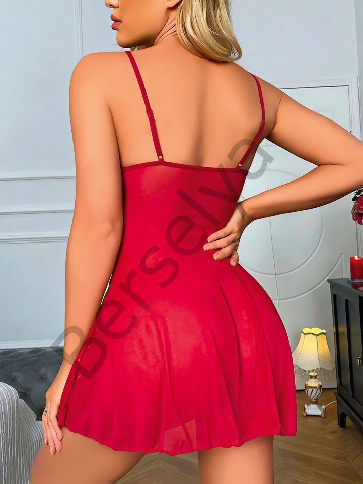 Bordo Dantel İşlemeli Göğüs İp Detaylı Fantezi Tül Gecelik Takımı