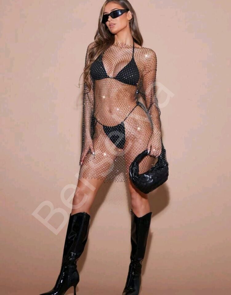 Kadın Siyah Kristal Taşlı File Kollu Kısa Elbise