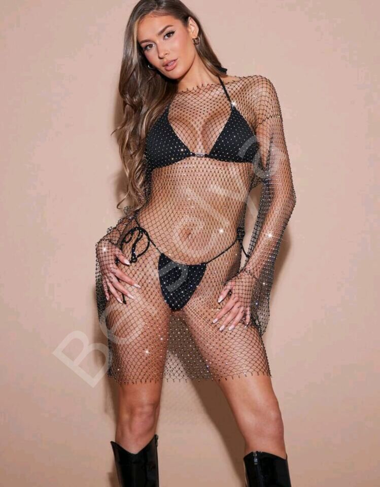 Kadın Siyah Kristal Taşlı File Kollu Kısa Elbise