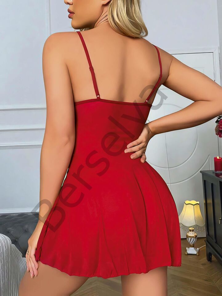 Kırmızı Dantel İşlemeli Göğüs İp Detaylı Fantezi Tül Gecelik Takımı