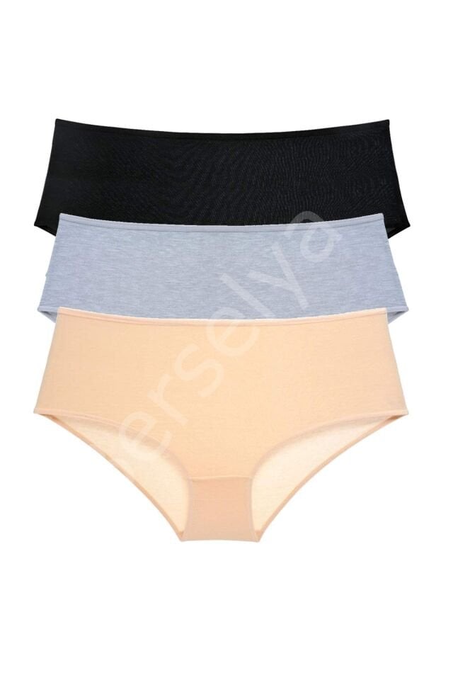 3 Adet Kadın Yüksek Bel Bato Külot Siyah Gri Ten