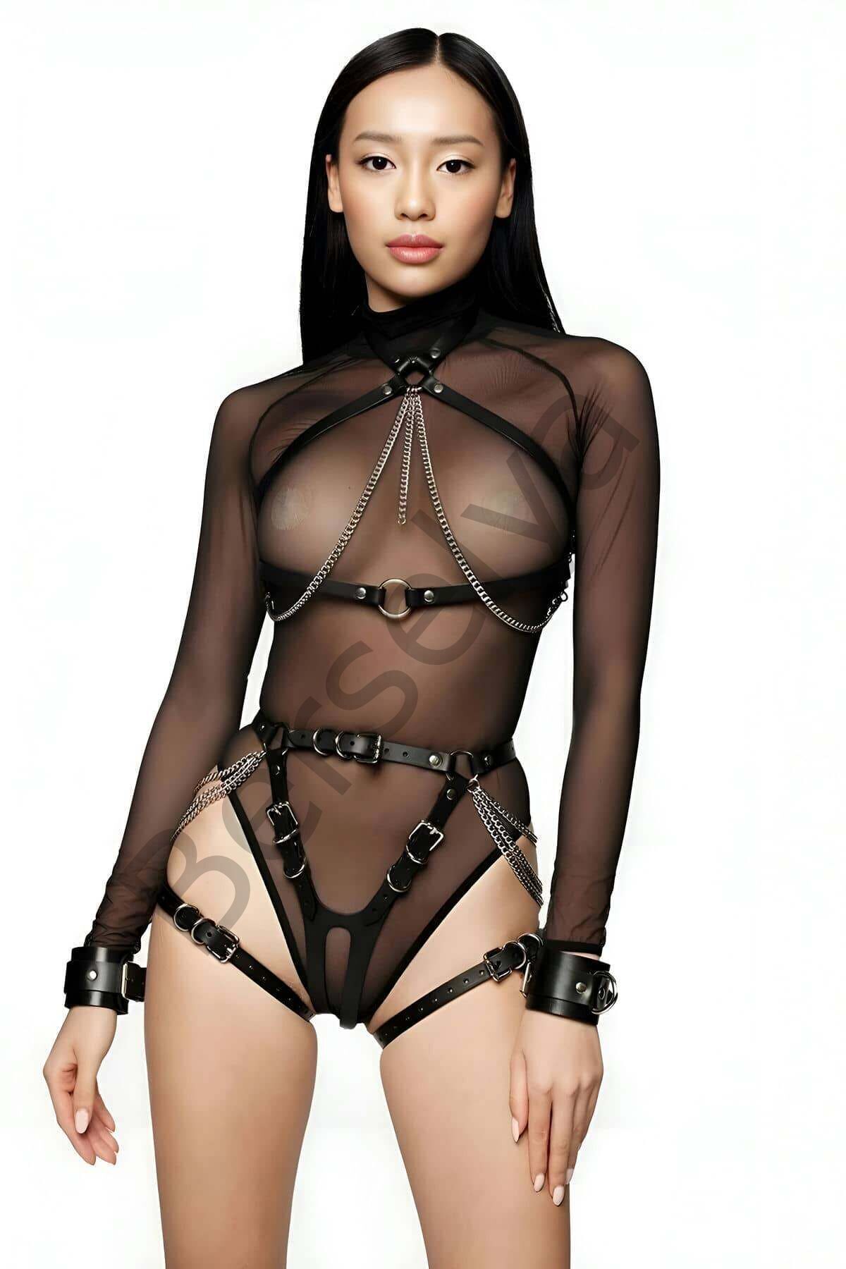 Zincir Detaylı Seksi Deri Harness Takım, Kadın Erotik Fantezi Giyim - Brf1224