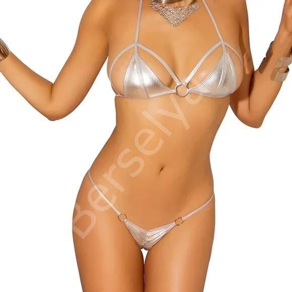 Bayan Gümüş Büzgülü Lame Bikini Takımı