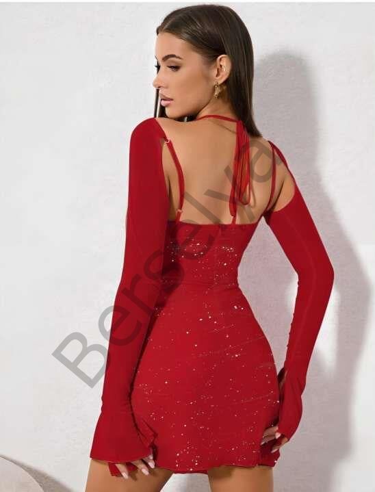 Kırmızı Yırtmaç Detay Simli Fantezi Mini Club Elbisesi
