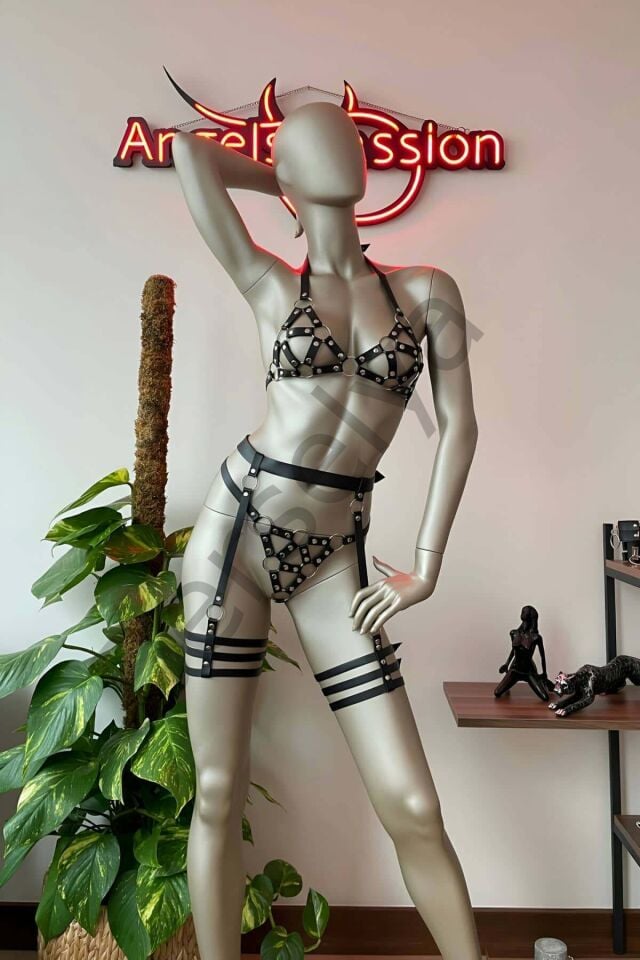 Siyah Deri Bdsm Fantazi Jartiyer Takım - Brf530