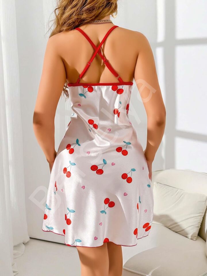 Kadın Beyaz Kırmızı Kiraz Desenli Saten Gecelik 2230