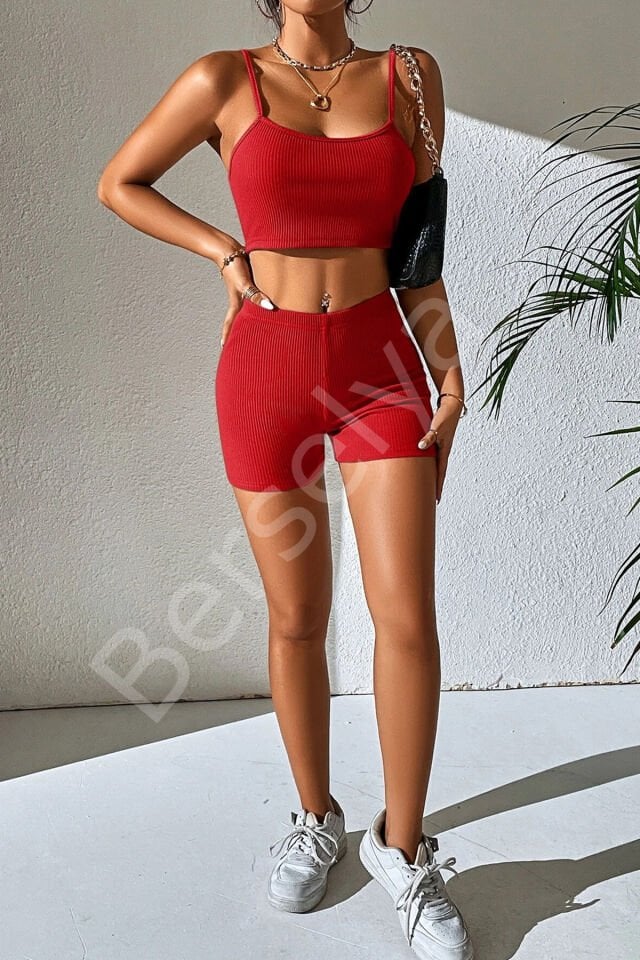 Kadın Kırmızı Şortlu Kaşkorse Gecelik Takım