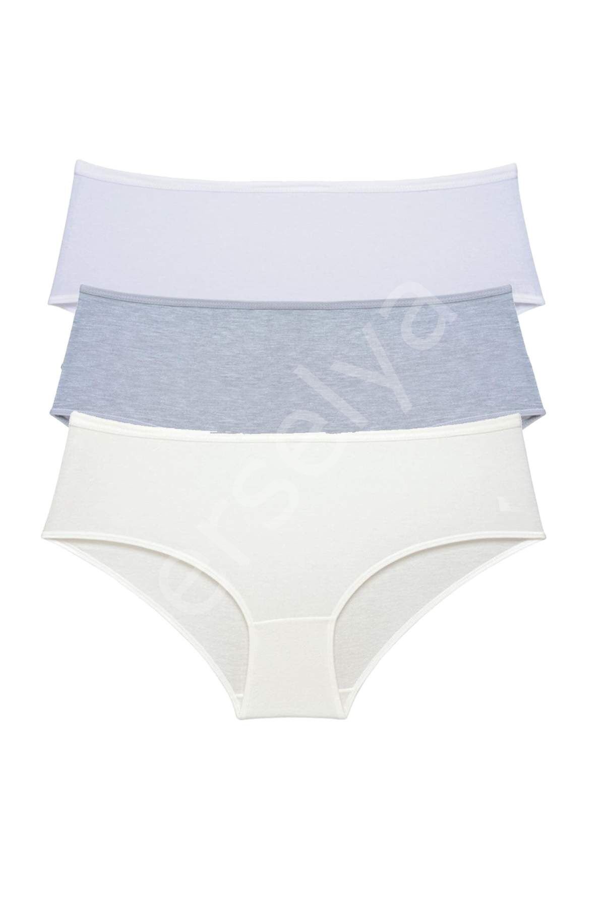 3 Adet Kadın Yüksek Bel Bato Külot Beyaz Gri Krem