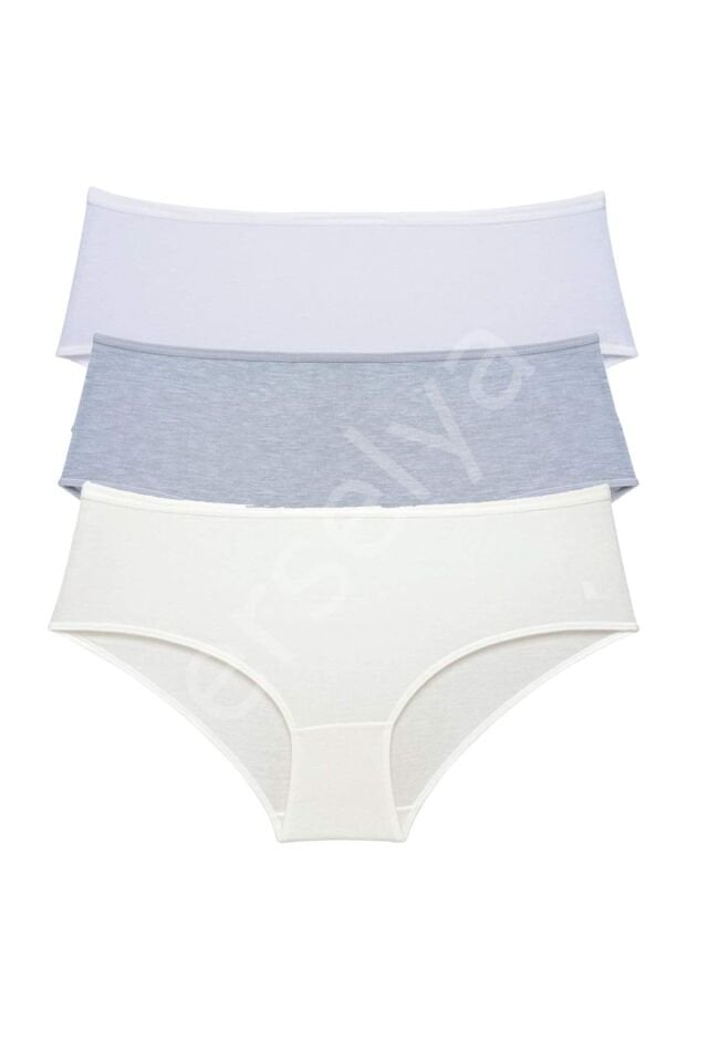 3 Adet Kadın Yüksek Bel Bato Külot Beyaz Gri Krem