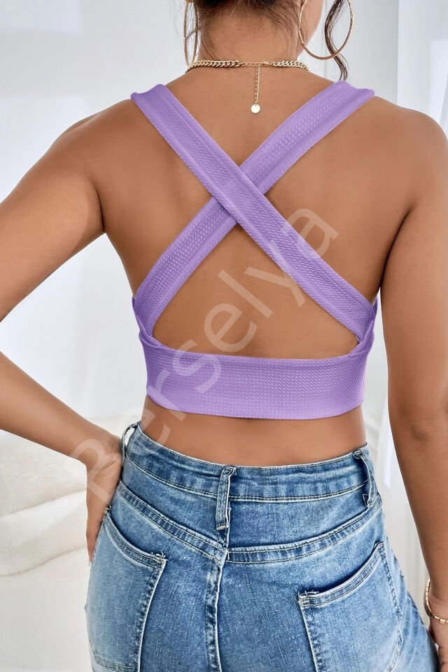 Kadın Siyah Çapraz Sırt Detaylı Şık Crop Top Büstiyer