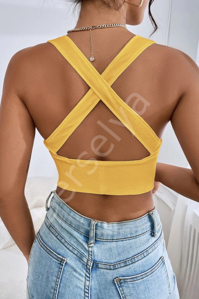 Kadın Sarı Çapraz Sırt Detaylı Şık Crop Top Büstiyer
