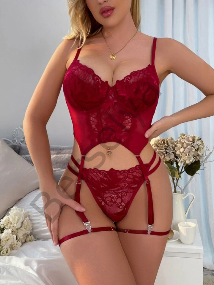 Bordo Babydoll İç Giyim Seti Bustiyer  ,külot , Bacak Bantları