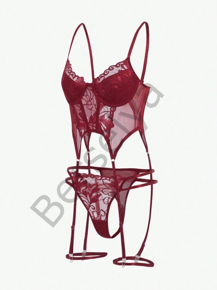 Bordo Babydoll İç Giyim Seti Bustiyer  ,külot , Bacak Bantları