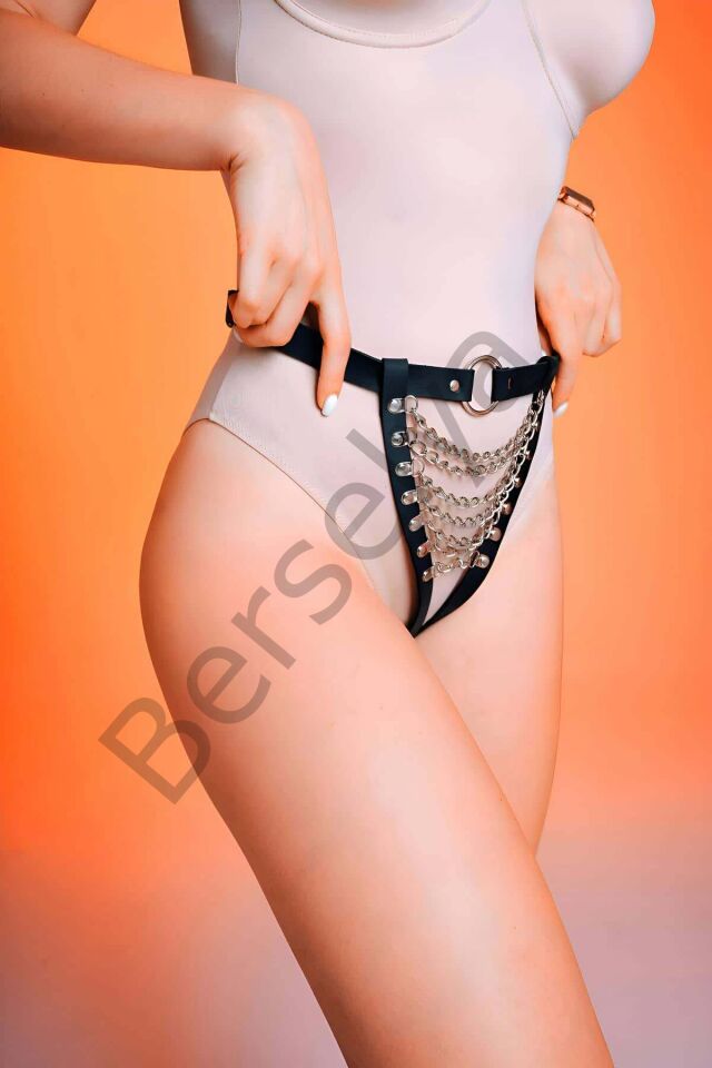 Önü Açık Zincirli G-string Harness, Fantazi Deri Külot - Brf1278