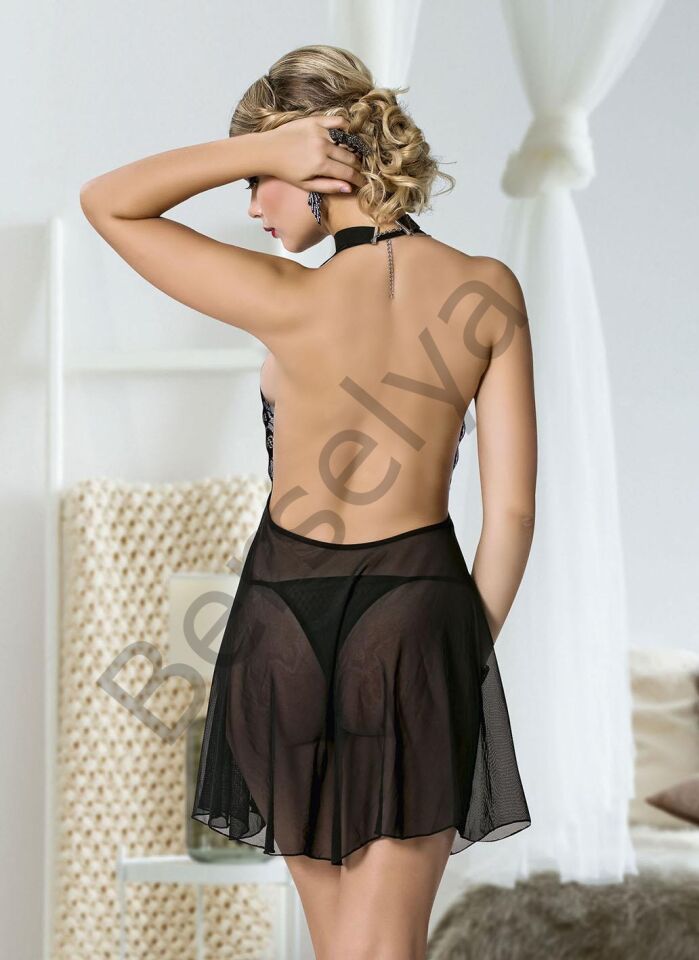 Siyah Dantel İşlemeli Boyundan Bağlamalı Sırt Dekolteli Fantezi Tül Gecelik Takımı