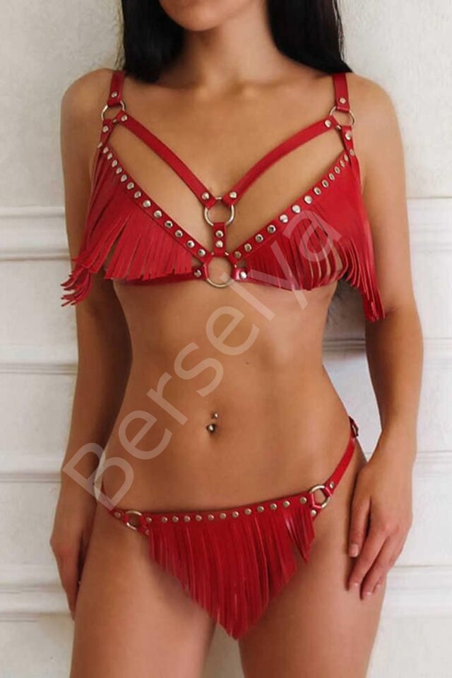 Kırmızı Püsküllü Sütyen Külot Kostüm Set 700889
