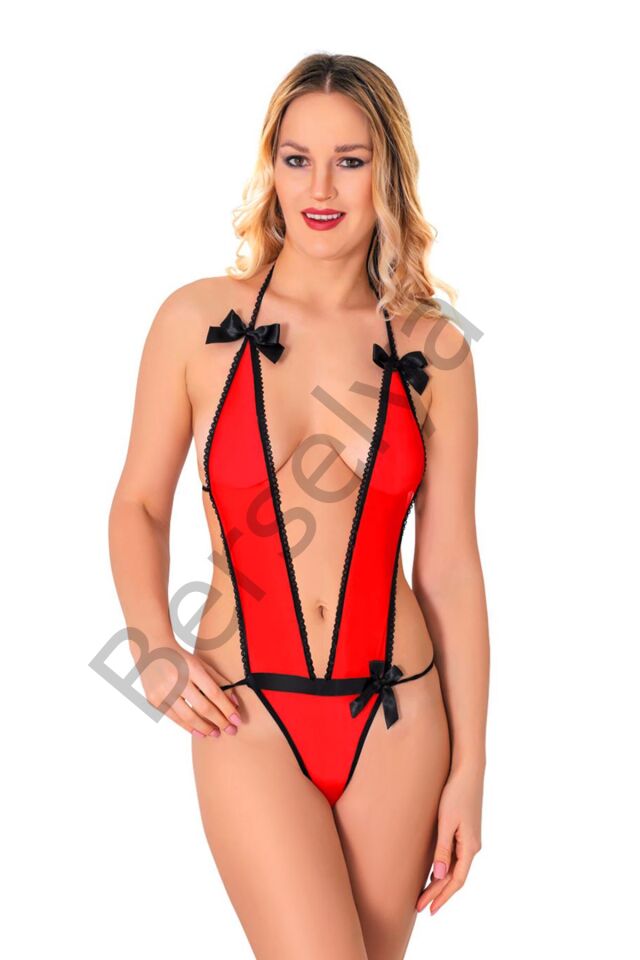 Kırmızı Lcralı Tül Bodysuit - 973