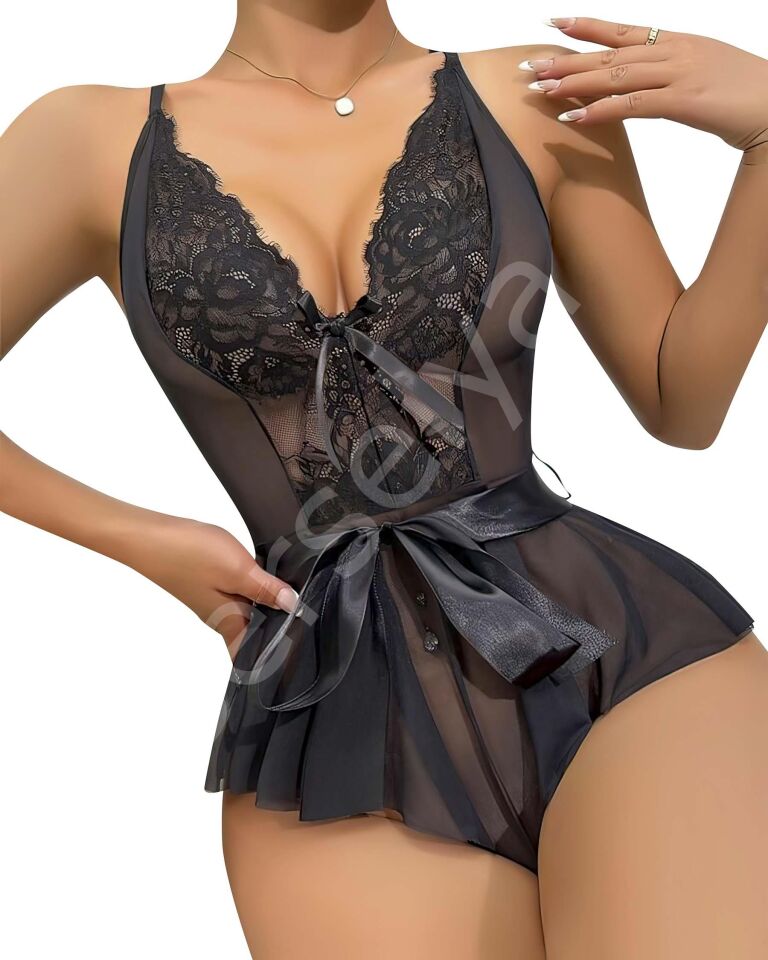 Siyah Dantel İşlemeli Kurdelalı Fantezi Tül Babydoll