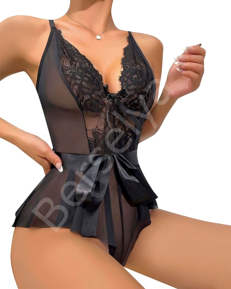 Siyah Dantel İşlemeli Kurdelalı Fantezi Tül Babydoll