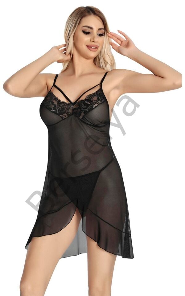 Siyah Dantel İşlemeli Göğğüs İp Detaylı Fantezi Tül Gecelik