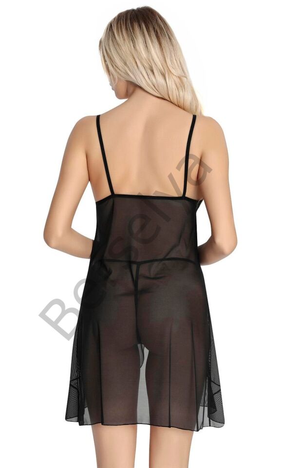 Siyah Dantel İşlemeli Göğğüs İp Detaylı Fantezi Tül Gecelik