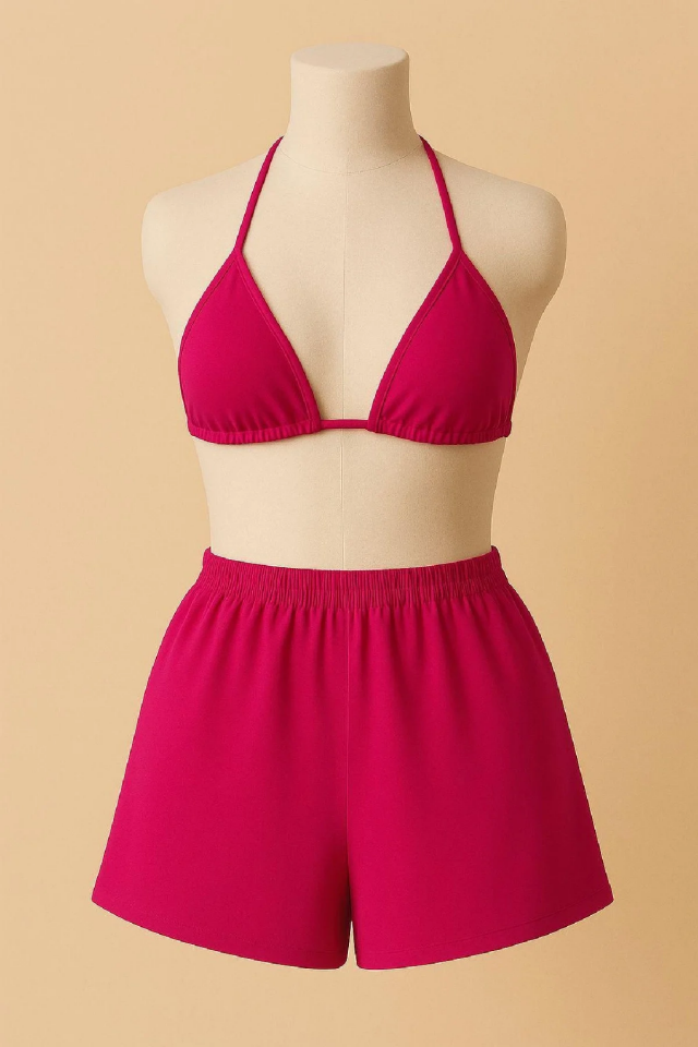 Fuşya Şortlu Bağlamalı Bikini Takımı Üçgen Kesim Ayarlanabilir Esnek Kumaş Kadın Mayo Seti