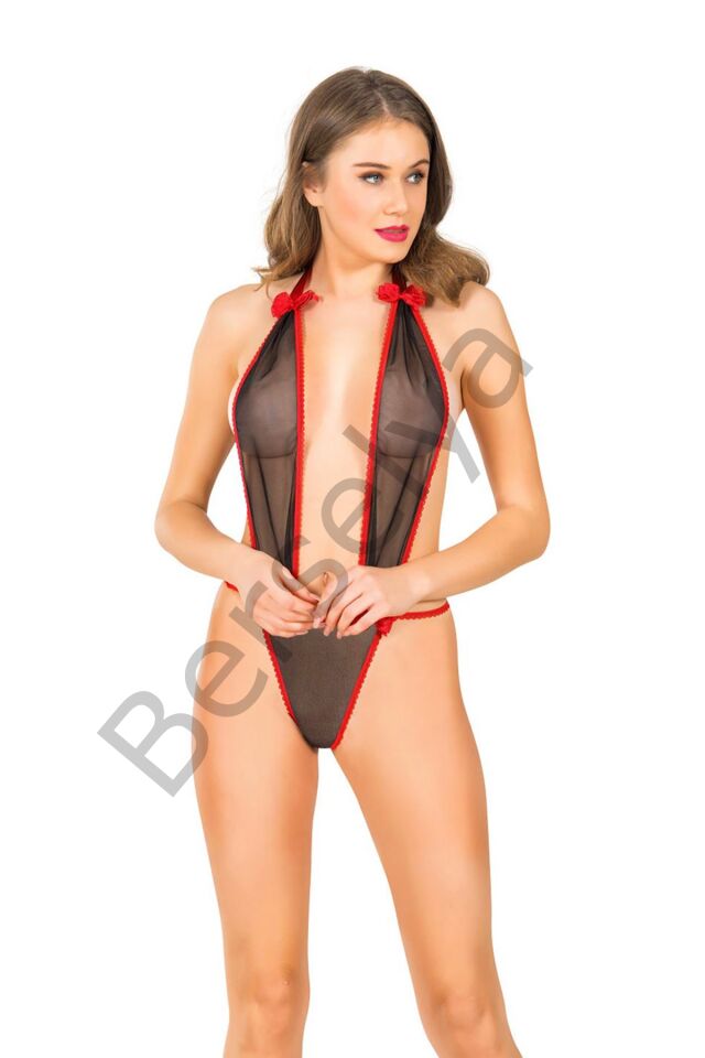 Siyah Kırmızı Lcralı Tül Bodysuit - 971