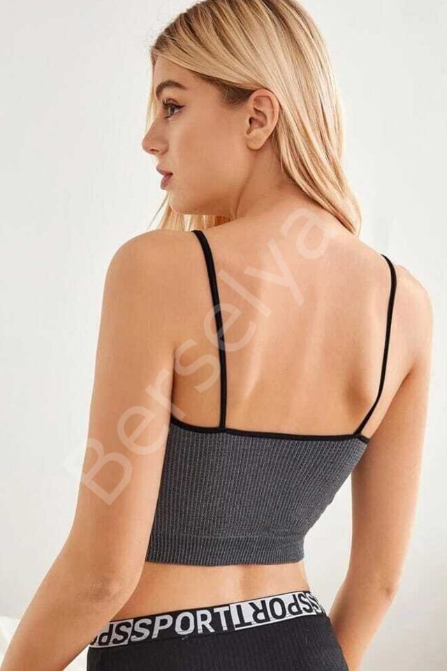 Kadın Anstrasit Gri İp Askılı Crop Top Bluz