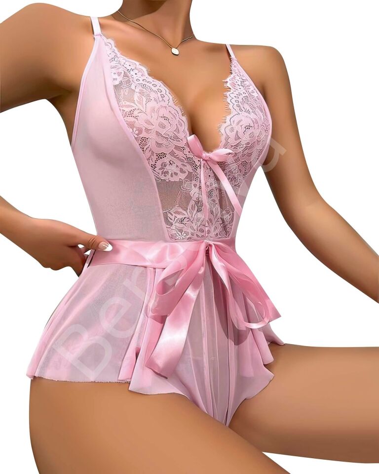 Pembe Dantel İşlemeli Kurdelalı Fantezi Tül Babydoll