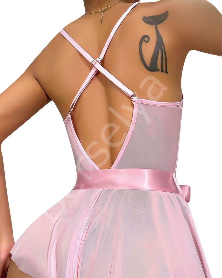 Pembe Dantel İşlemeli Kurdelalı Fantezi Tül Babydoll