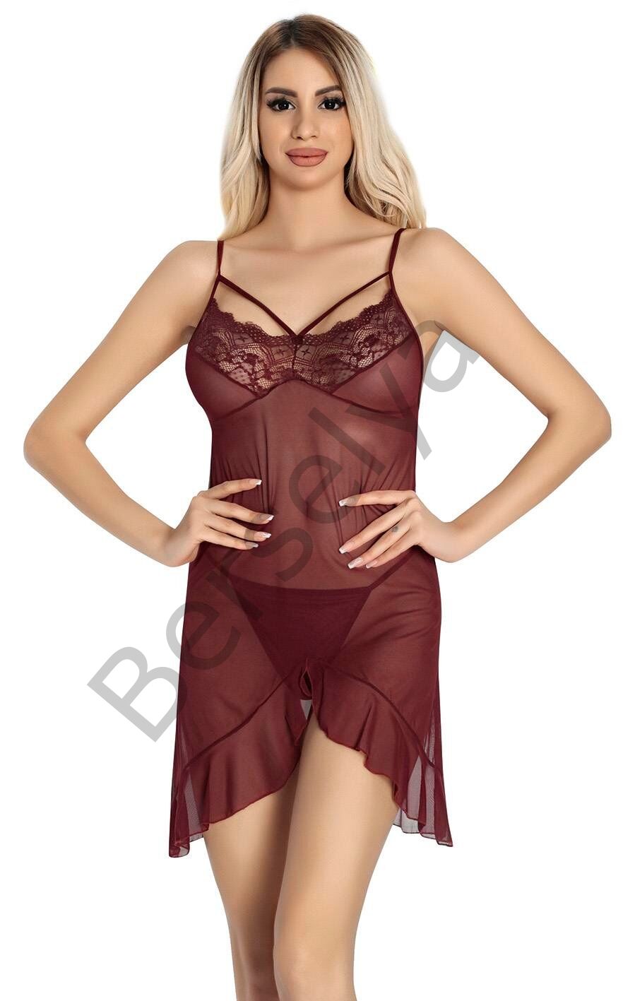 Bordo Dantel İşlemeli Göğğüs İp Detaylı Fantezi Tül Gecelik