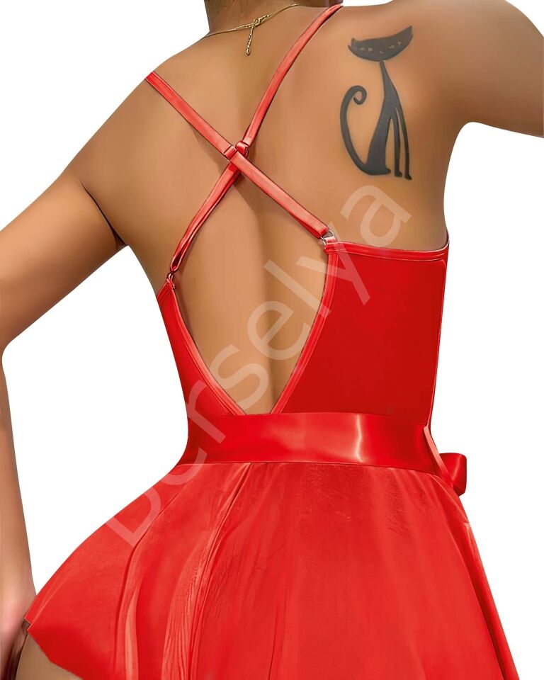 Kırmızı Dantel İşlemeli Kurdelalı Fantezi Tül Babydoll