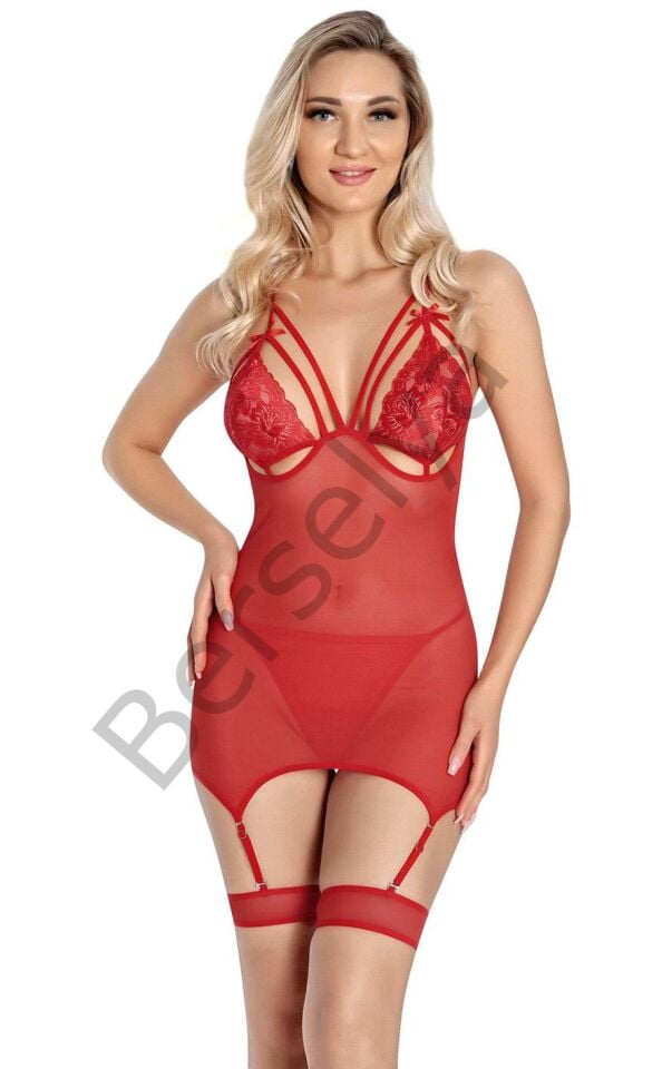 Kırmızı Dantel İşlemeli Göğüs İp Detaylı Fantezi Jartiyer Takımı