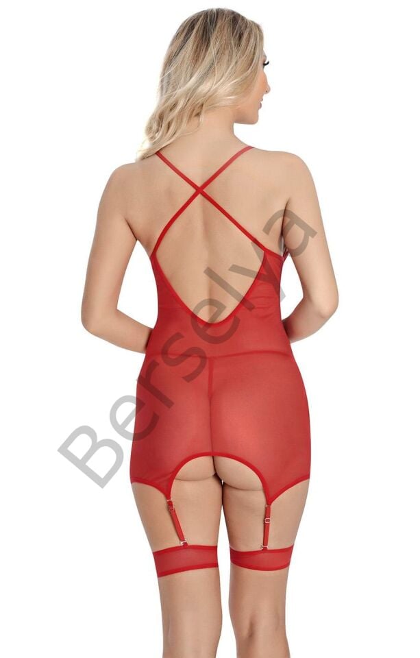 Kırmızı Dantel İşlemeli Göğüs İp Detaylı Fantezi Jartiyer Takımı