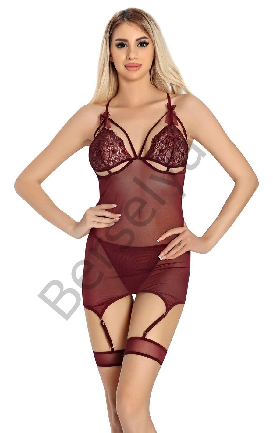 Bordo Dantel İşlemeli Göğüs İp Detaylı Fantezi Jartiyer Takımı