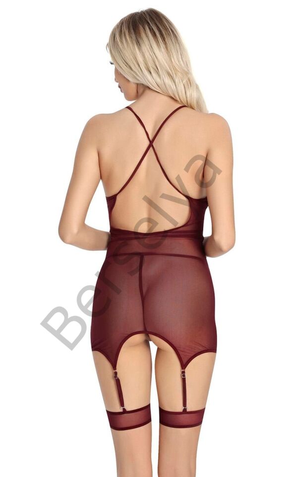 Bordo Dantel İşlemeli Göğüs İp Detaylı Fantezi Jartiyer Takımı