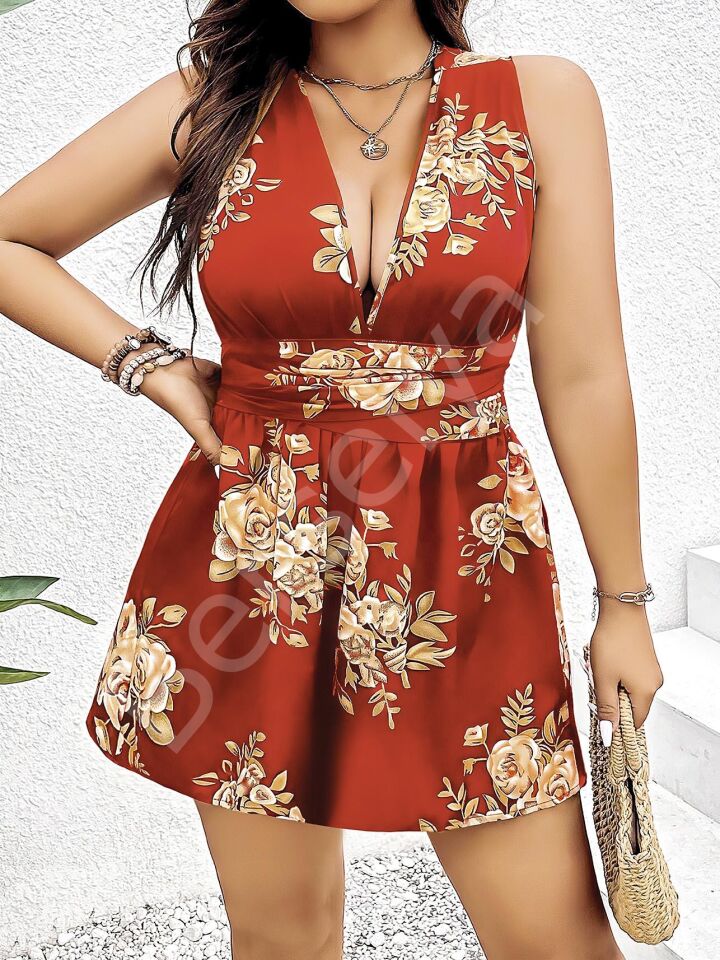 Büyük Beden Kahverengi Üstüne Çiçek Desenli Sırt Detaylı Elbise