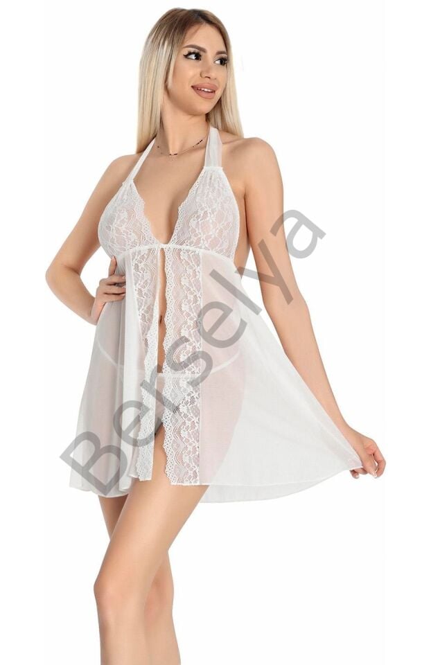Beyaz Dantel İşlemeli Fantezi Tül Gecelik