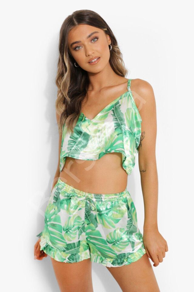 Yeşil Fırfırlı Şortlu Pijama Takımı